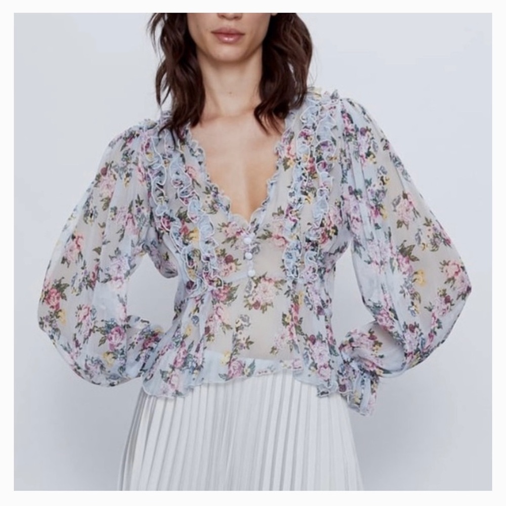 Zara Floral Ruffle Sheer Blouse